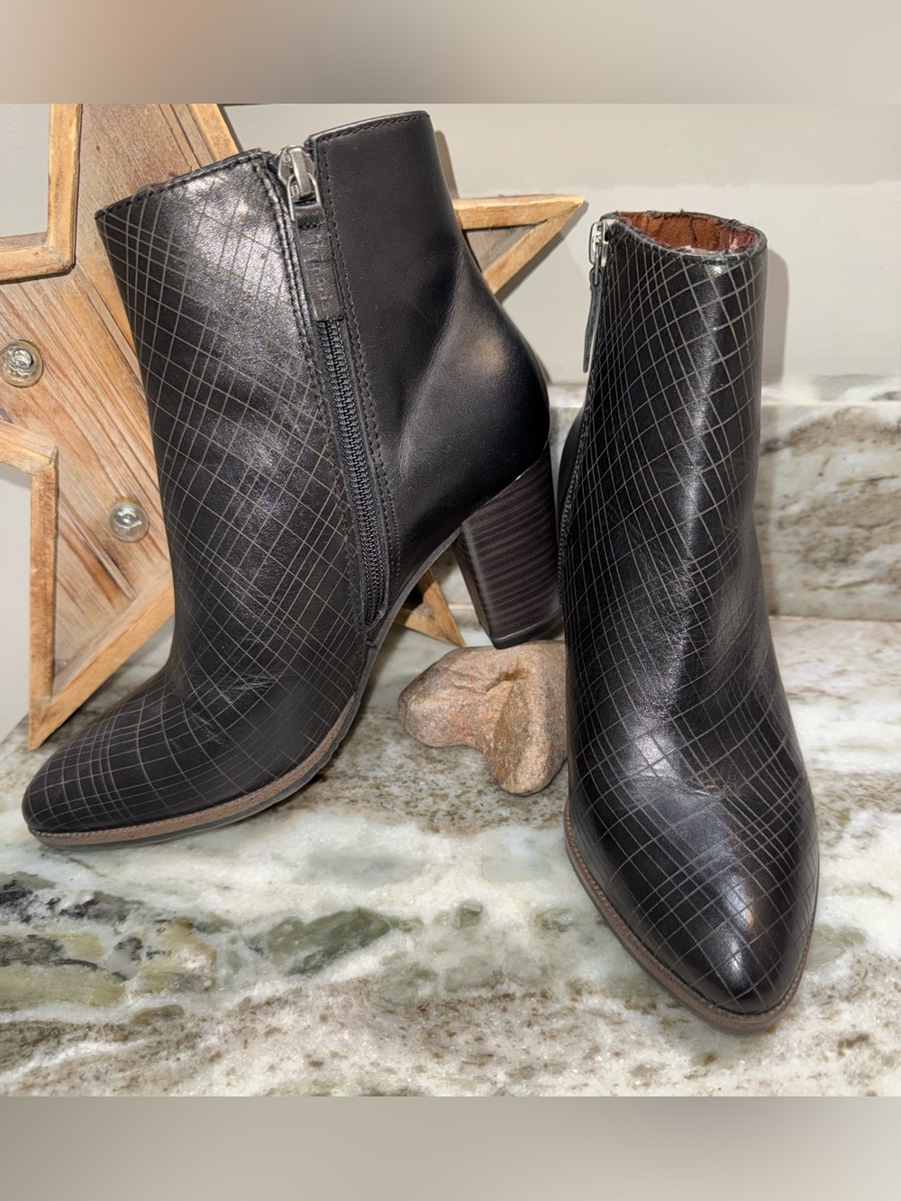 Tamaris Black Leather Embossed Pointed Toe Ankle Boots 36